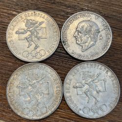 Mexican Silver Coin Lot – 4 Coins – Olympic 25 Pesos + 1956 5 Pesos – 2.28 oz Silver