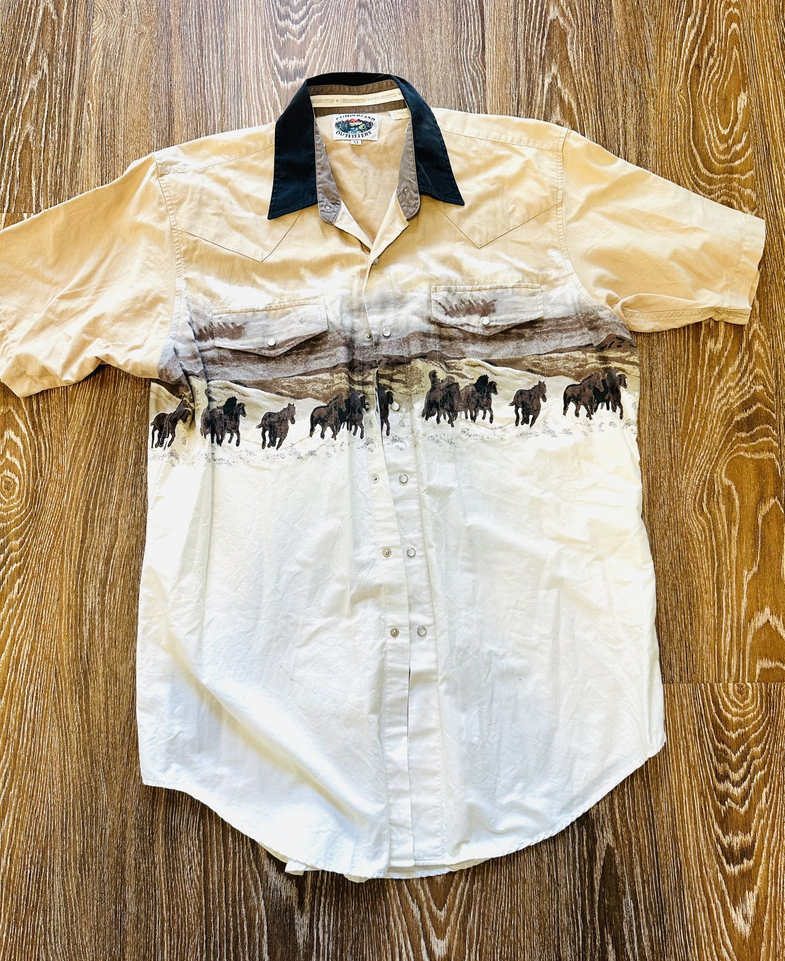 Vintage Pearl Snap Brown Western Cowboy Horses Shirt Men Size Large