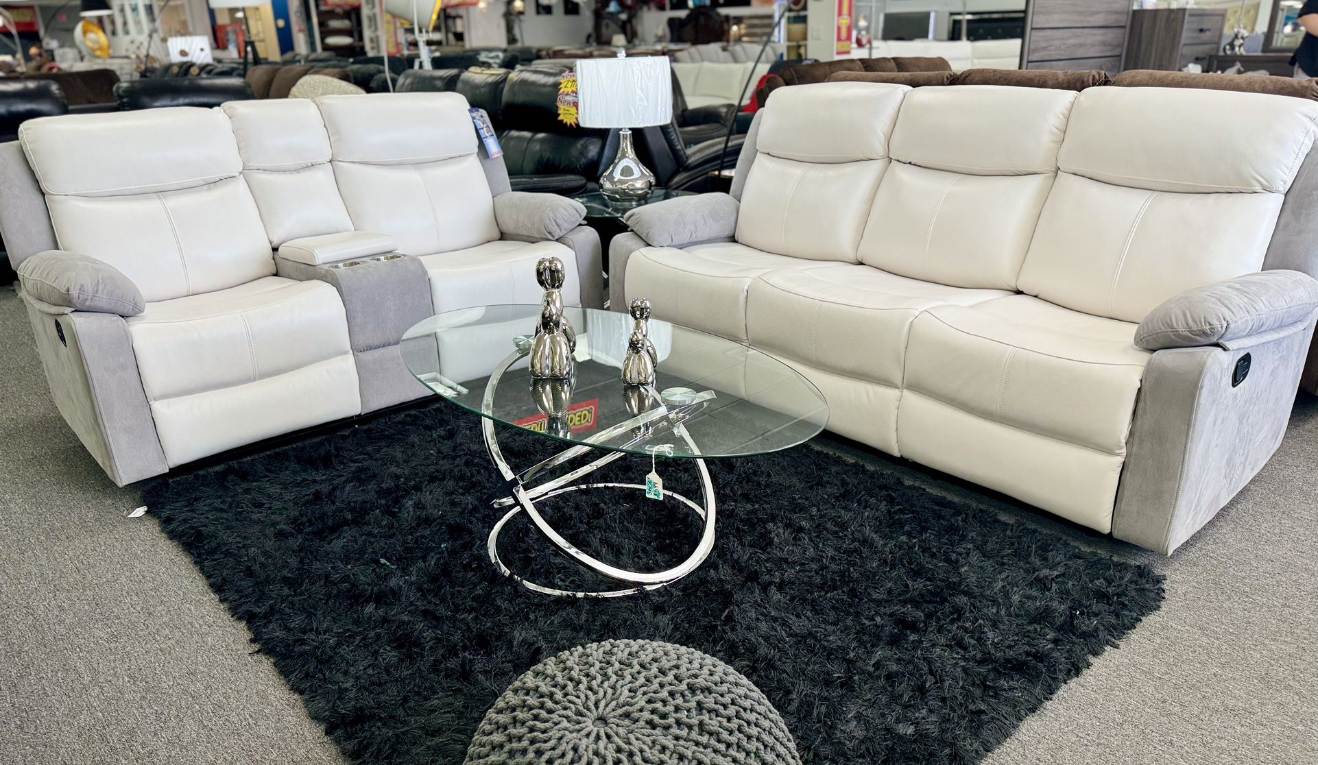 Stunning Two Tone Grey & White Reclining Sofa&Loveseat On Sale Now $999