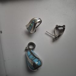 zuni turquoise inlay pendant and earings