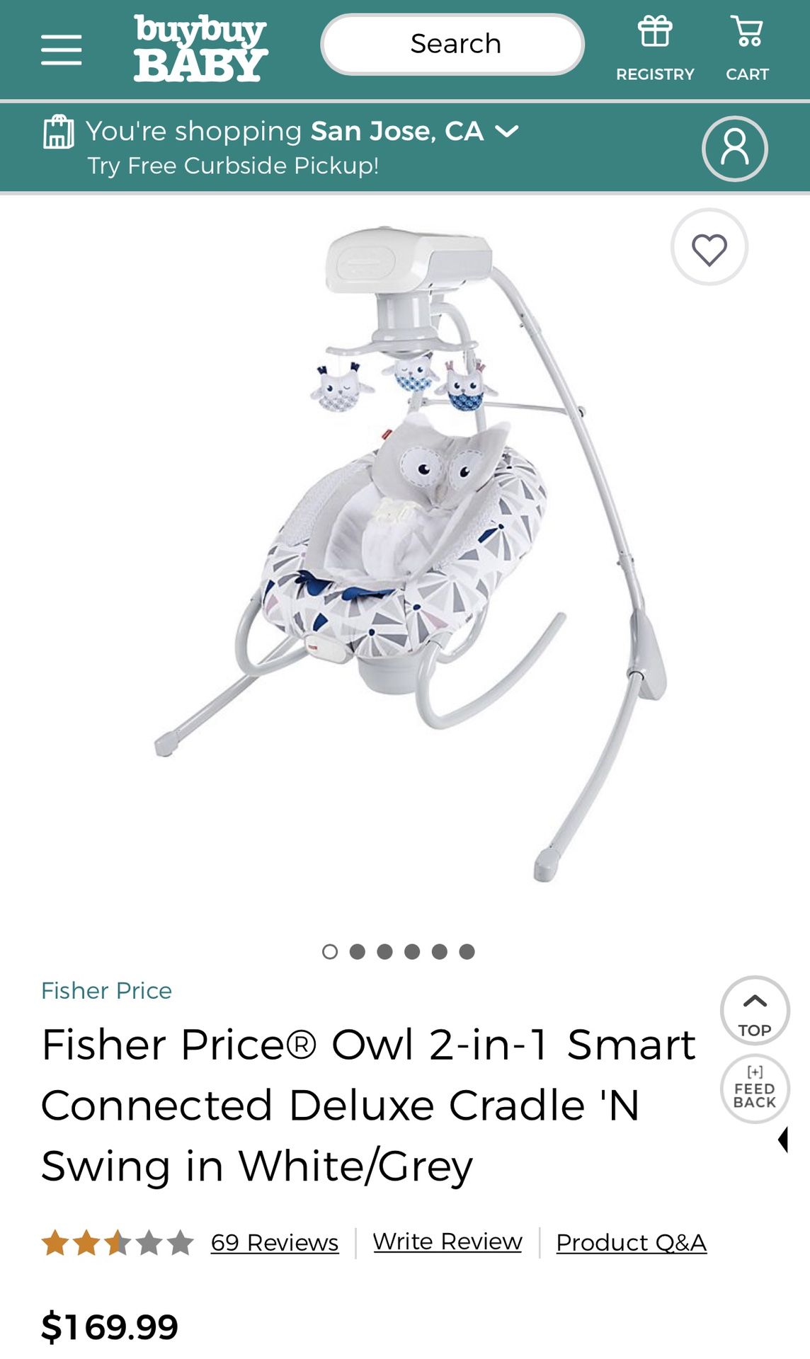 Fisher Price® Owl 2-in-1 Smart Connected Deluxe Cradle 'N Swing in White/Grey