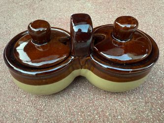 Vintage Stoneware Double Condiment Server with Lids