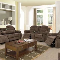 Brown Microfiber Fully Reclining Three Piece Couch Set 