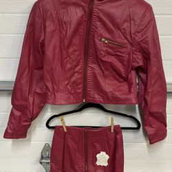 Vtg 80s Dark Pink Leather Crop Jacket & Mini Skirt Avon Fashions New w/Tags