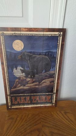WOODEN WALL PLAQUE MOTHER BEAR AND CUB BY MOONLIT LAKE TAHOE