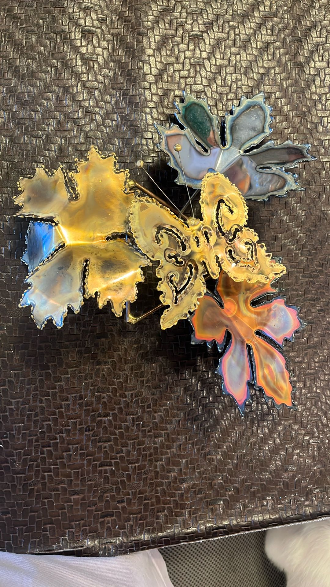 Mid Century Modern Maple Leaf and Butterfly Metal Brutalist Wall Sculpture