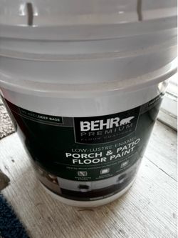 Never opened 5 gal Behr porch and patio paint, indoor outdoor, beige color low lustre enamel