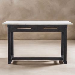 White Marble Top & Black Wood Base Kitchen Table/Island