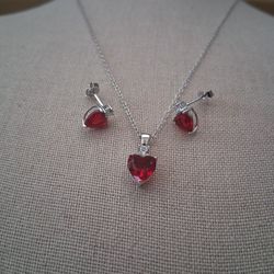 Cadena Dije Y Aretes De Corazon  Plata 925 18" De Larga