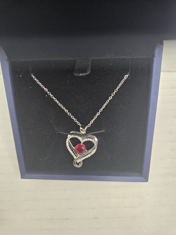 "S925 Sterling Silver Heart Pendant Necklace with Ruby Red CZ Stone - Perfect...