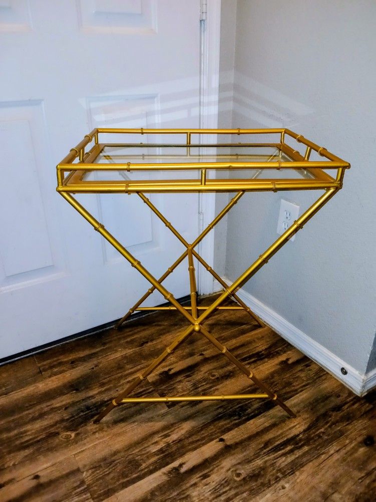 Mid Century Hollywood Regency Gold Gilt Faux Bamboo Bar Side Table