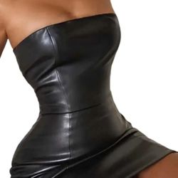 Women Solid One-Piece Dress Sexy Sleeveless Backless Slim Elastic PU Leather Summer Party Mini Dress Hip Tee Skirt Black