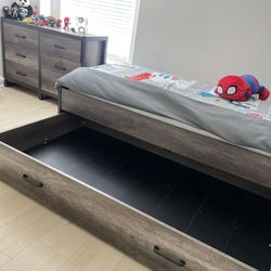 twin bed, with double base.  chest of drawers