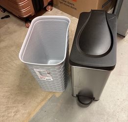 Trash bins - one plastic grey and one stainless steel automatic lid both are small