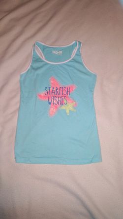 Basic Editions Starfish Wishes Girls blue with white trim sleeveless razorback T-Shirt in size 7 8 M.