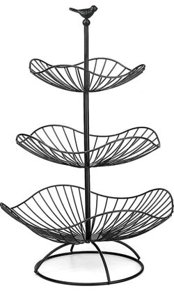New easyBee 3-Tier Fruit Basket Tower Stand, Metal Wire Construction, Vegetable Tiered Shelf, Tall Standing Produce Holder, Serving Basket for More Co