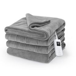 Sunbeam Electric Royal Luxe Microplush Heated Blanket, 12 Heat Settings, 12-Hour Auto Shut-Off, Fast Heating, Warm & Cozy, Machine Washable, Dove Gray