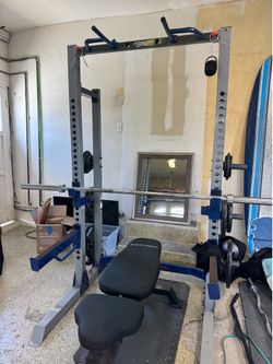 Squat Rack + Adjustable Bench + Weights + Bar