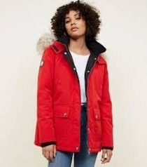 New Look Jacket Red Size 10 Hooded Fur Quilted Mid Length, Winter Ski