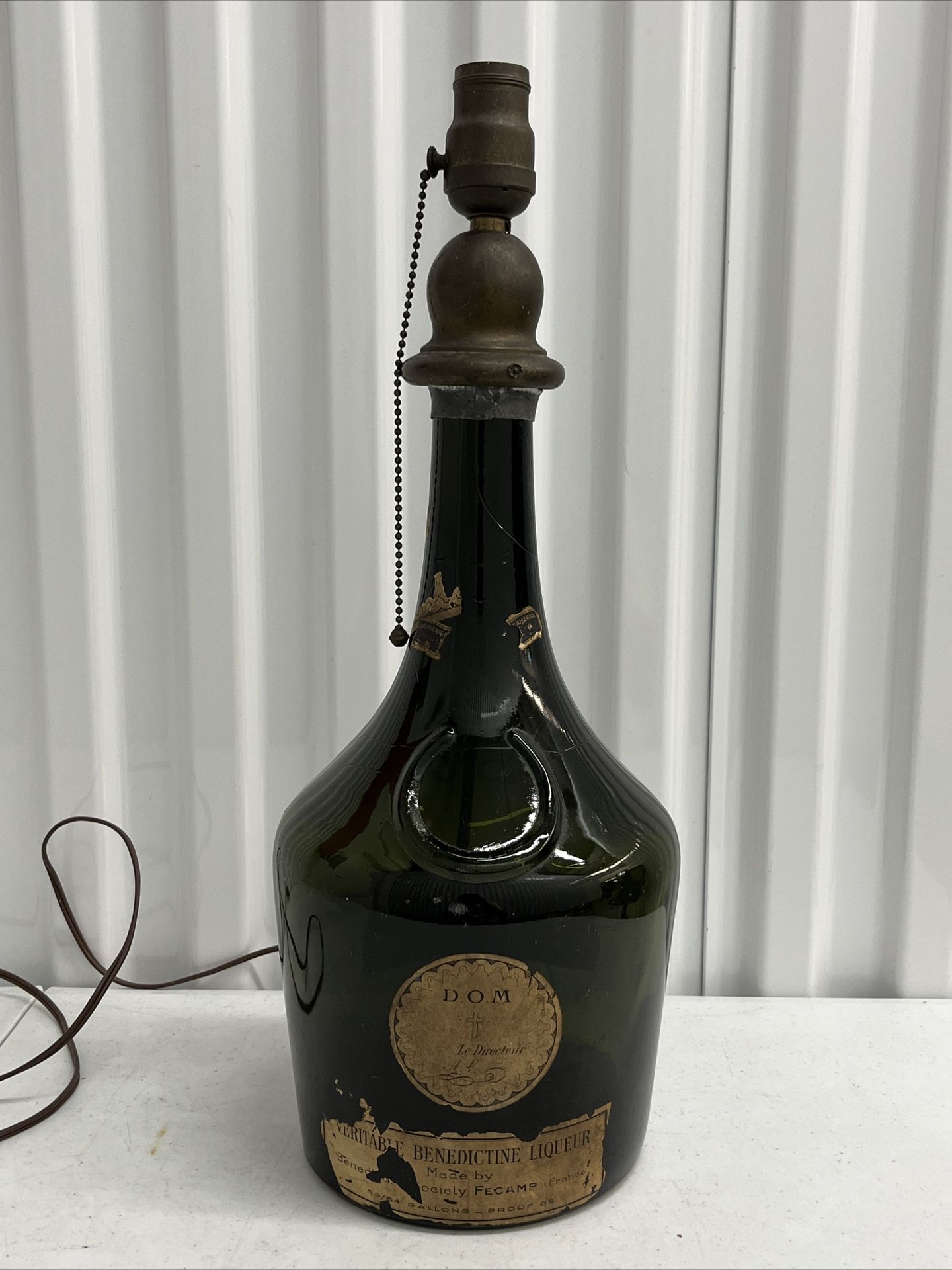 Antique Liquor Benedictine DOM Green Glass Bottle Table Lamp (No Lampshade) 19”