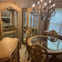 Dinning Room set By  Ashley Furniture “South Coast” All Included Dinning Room Table With (4) Matching chairs Marble Console Table, (2) Lighted Curio