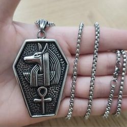 Stainless Steel Egyptian Ankh Cross Anubis Pendant Necklace 25"
