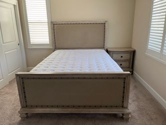 Queen Upholstered Bed Frame with Serta mattress, nightstand