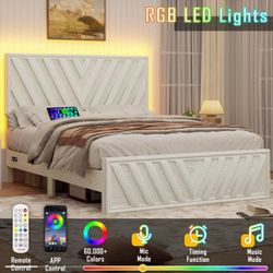 Modern Farmhouse Queen Bed Frame with Adjustable Headboard, USB/Type-C Charging Ports & Under-Bed Storage – Sturdy Wood Platform, No Box Spring Needed