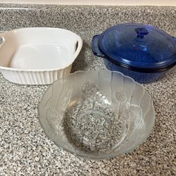 CorningWare Baking Dish + Blue Covered Casserole & Glass Bowl