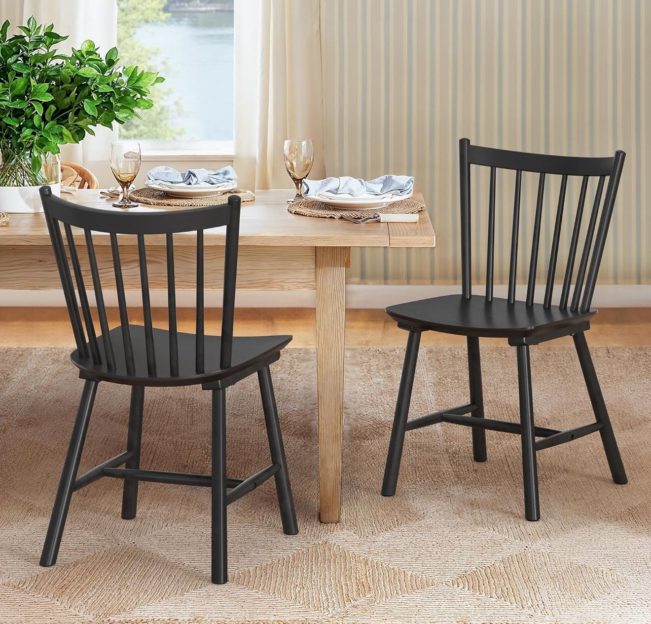 LUE BONA Upgraded Dining Chairs Set of 2, Farmhouse Wooden Spindle Back Kitchen Chairs, Windsor Dining Chairs for Kitchen and Dining Room, Black