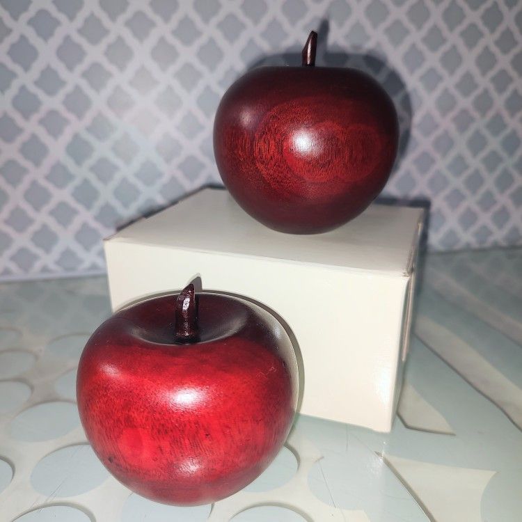 Vintage Hand Turned Solid Wood Faux Red Delicious Lot/2 Apples