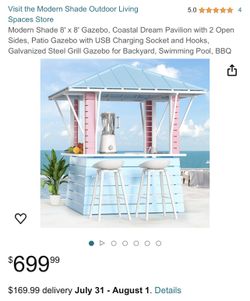 Modern Shade 8' x 8' Gazebo, Coastal Dream Pavilion with 2 Open Sides, Patio Gazebo with USB Charging Socket and Hooks