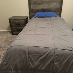 Twin bed frame, mattress, box spring, nightstand