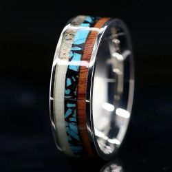Men's 8mm Tungsten Deer Antler Crushed Turquoise Comfort-Fit Engagement Wedding Band 10