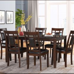 7PC RECTANGULAR DINING SET – CHERRY BROWN WOOD FINISH – $500