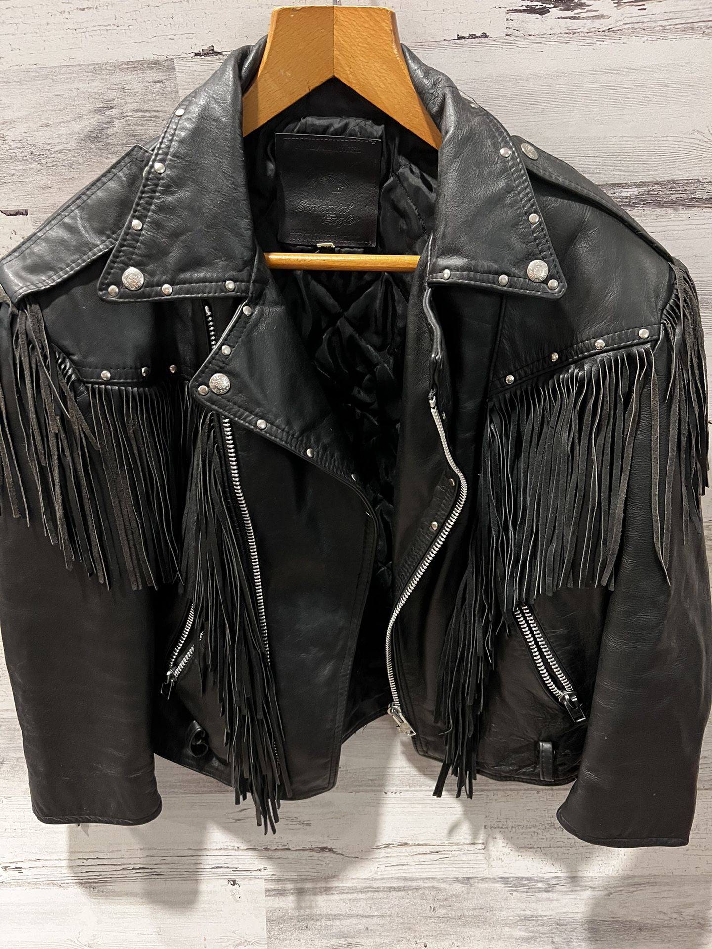Women’s Leather Biker Fringe Motorcycle Jacket S (but fits up to M/L