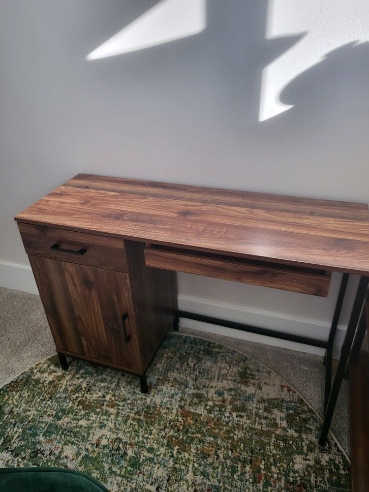 Cute, small wood desk with drawer and cabinet