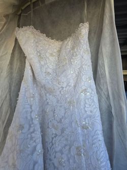 White Lace Beaded Strapless Wedding Gown