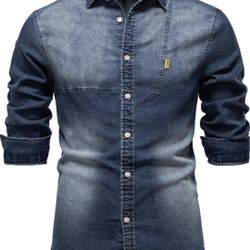 Denim Shirts Men Button Down Long Sleeve Jean Shirts Slim Fit Shirt