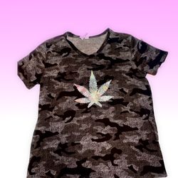 Dark Gray Camouflage T-shirt With Marijuana Leaf