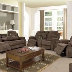 Brown Chenille Fully Reclining 3 Piece Couch Set