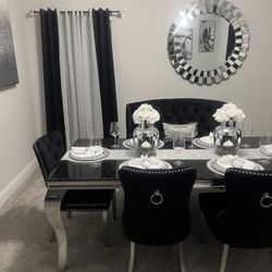 BLACK GLASS DINING TABLE W/ Chrome Accents