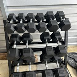 New pair of 20,25,30,45,50,55 and 60lb rubber dumbbells + rack NEW IN BOX $645