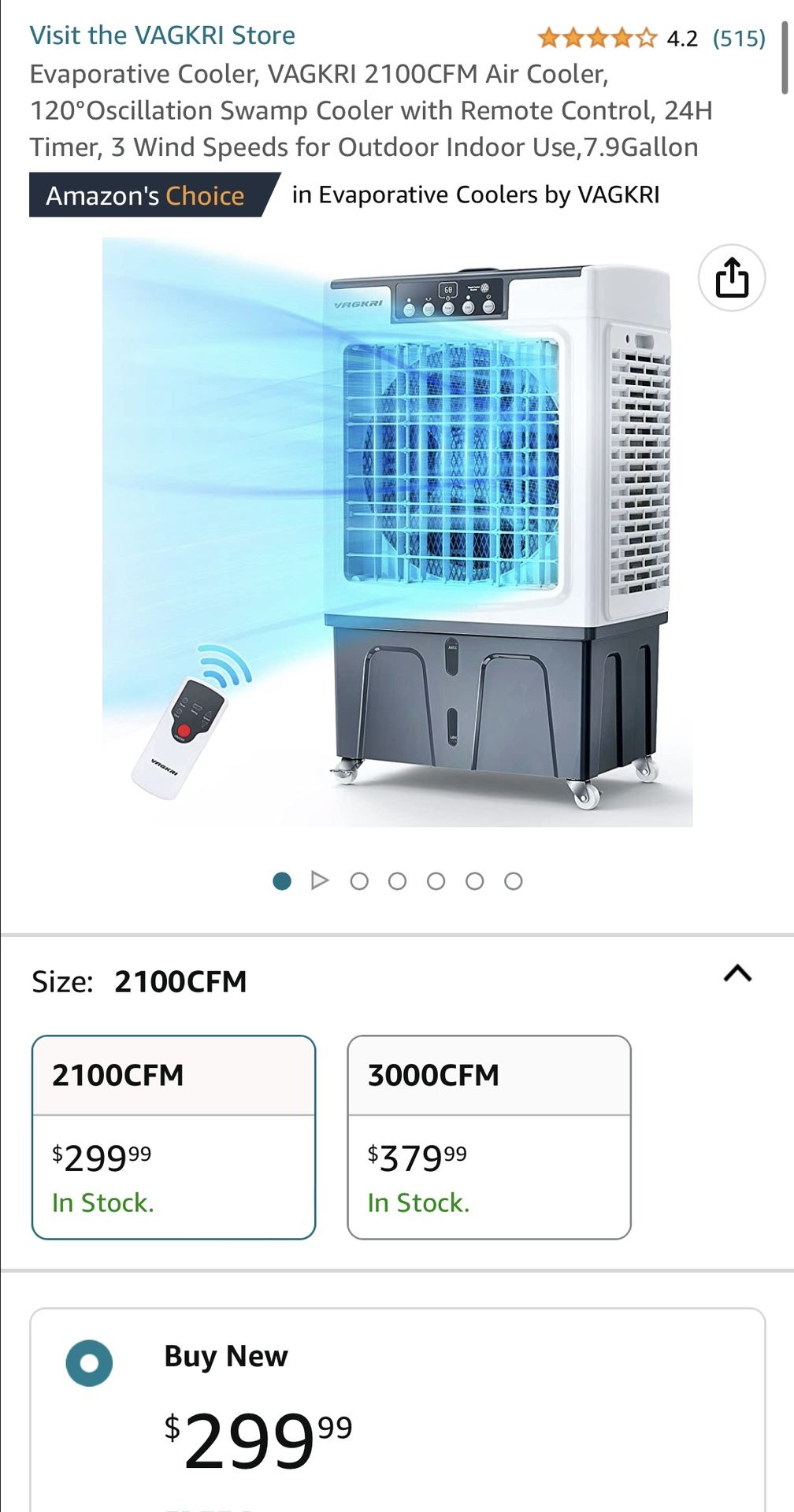 New! Evaporative Cooler, VAGKRI 2100CFM Air Cooler, 120°Oscillation Swamp Cooler with Remote