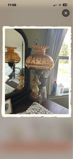 antique Victorian, Amber glass oil lamp