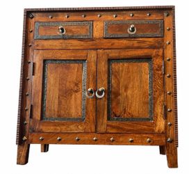 Solid Wood Rustic Accent Cabinet – 35”W × 36”H × 14”D – Metal Trim & Ring Pull Hardware