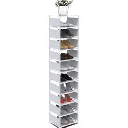 Narrow Shoe Rack, 10-Tier Vertical Shoe Rack for Entryway Closet, Slim White Tall Shoe Tower for Small Spaces, Shinky Shoe Organizer Corner Shelf