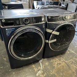 GE Sapphire Blue Front Load Washer Dryer Gas Set Large Capacity Smart 