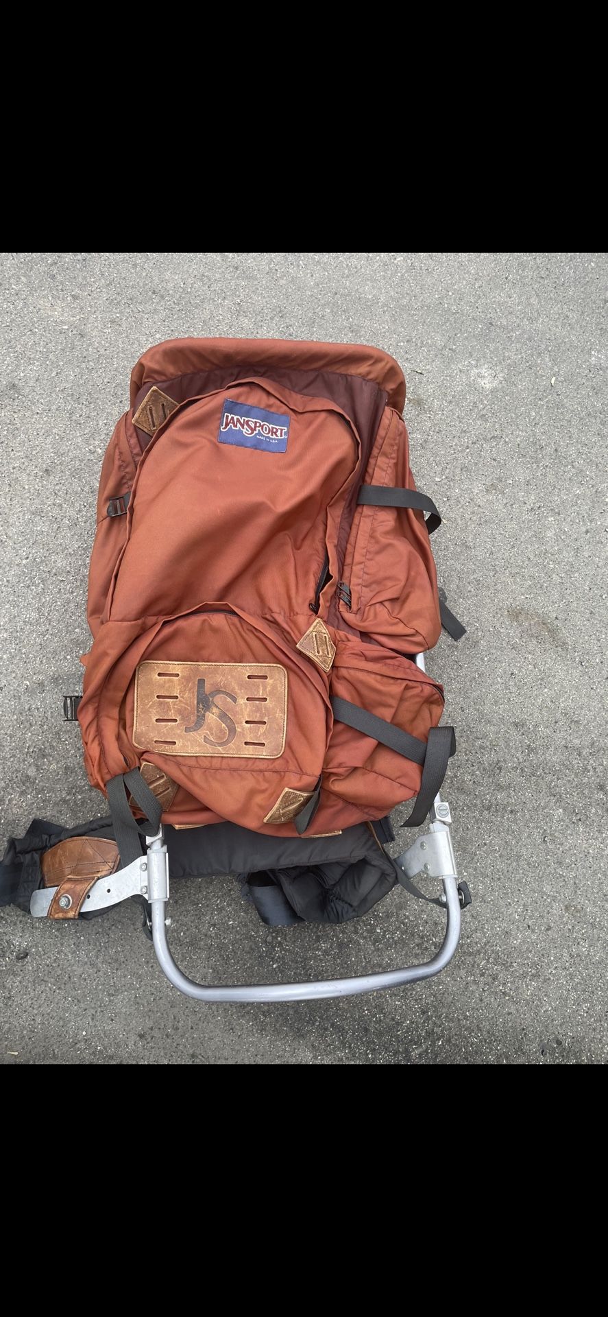 Vtg Jansport External Frame Backpack Hip Wings Hiking Camping Leather