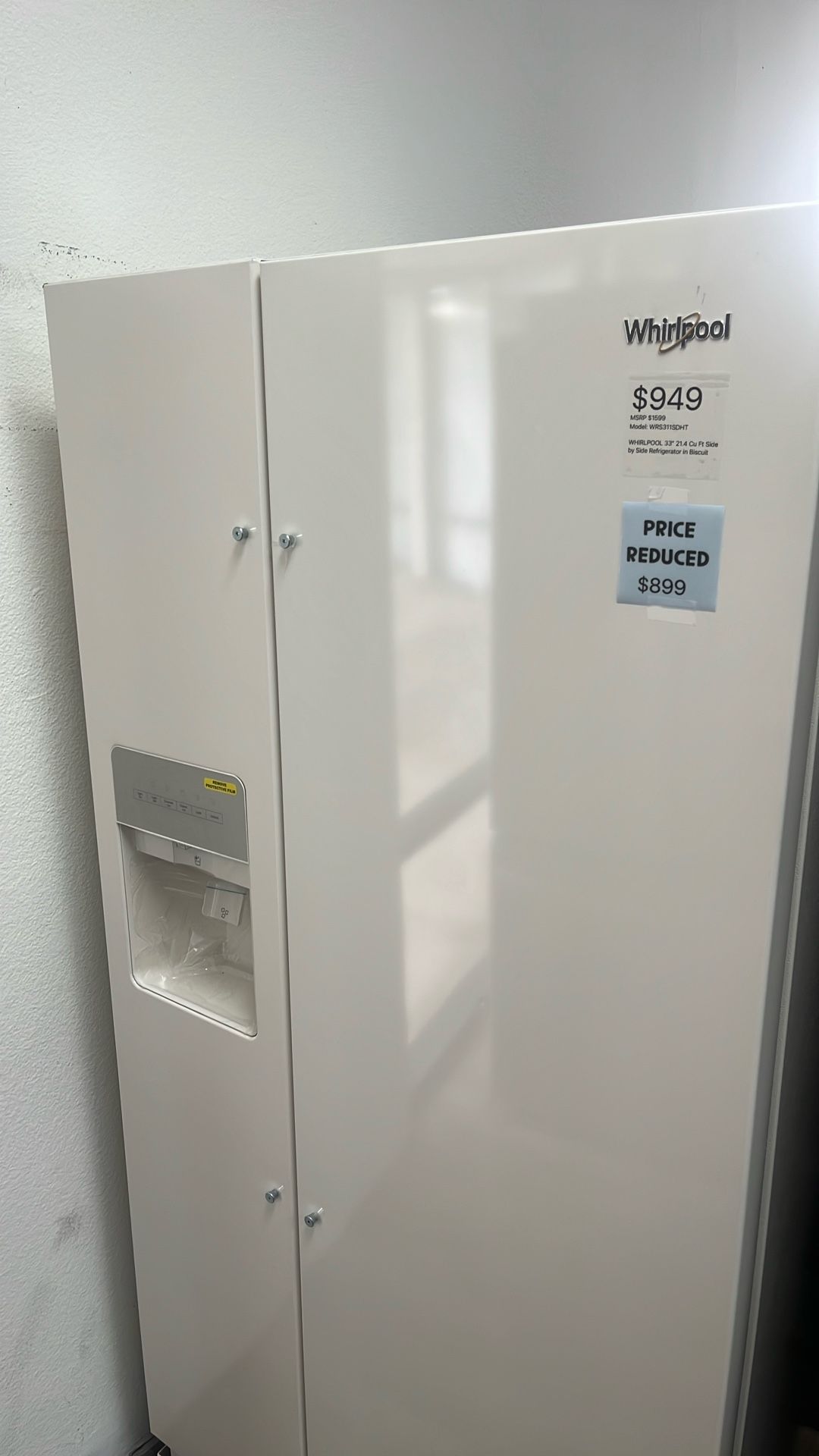 Only $899 For Whirlpool 33” Wide Side-by-Side Refrigerator, 21 Cu Ft Capacity